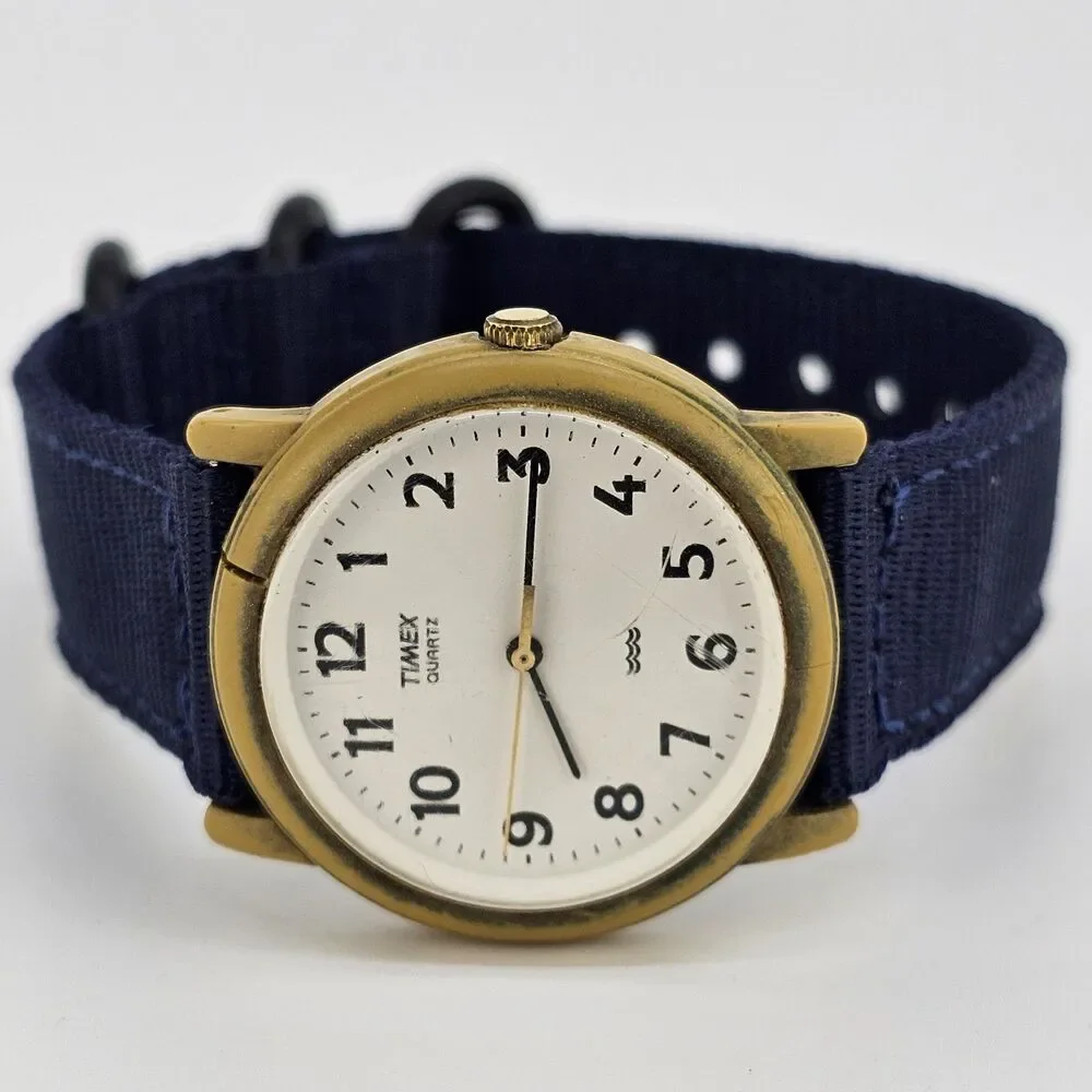 VTG Timex Easy Read Men Watch 34MM White Dial New Blue Canvas Bands New‎ Battery